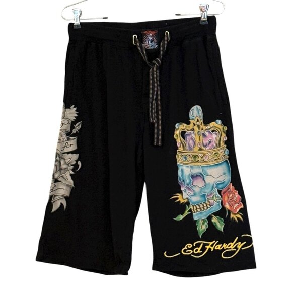 Ed Hardy by Christian Audigier Men's "King Skull" Jam Shorts Black Size S NWOT - Picture 1 of 8